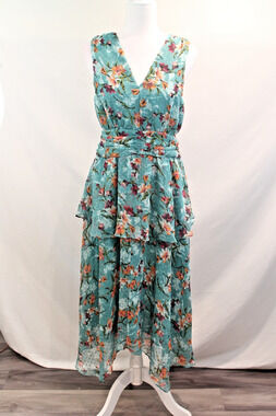 WALTER BAKER Lala Floral Georgette Peplum Dress Womens M Blueish Green V-Back